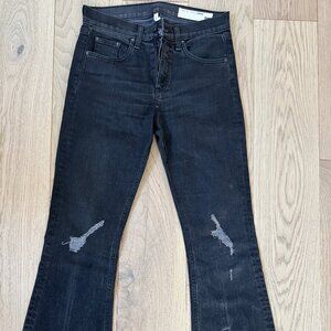 Rag & Bone Dark Wash Distressed Flare Jeans – Raw Hem – High Rise